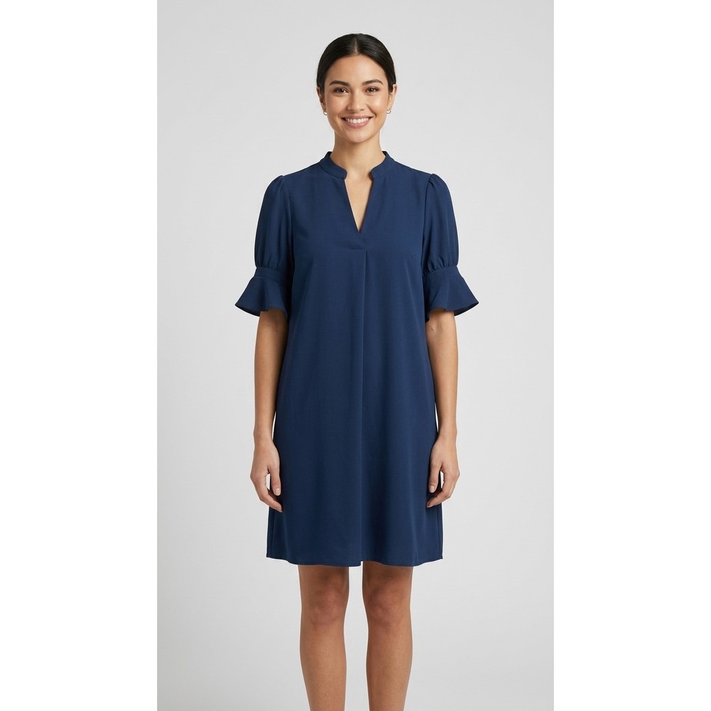 Wkior Women's Medium Summer Ruffle Short Sleeve V Neck Shift Dress Navy Blue NWT